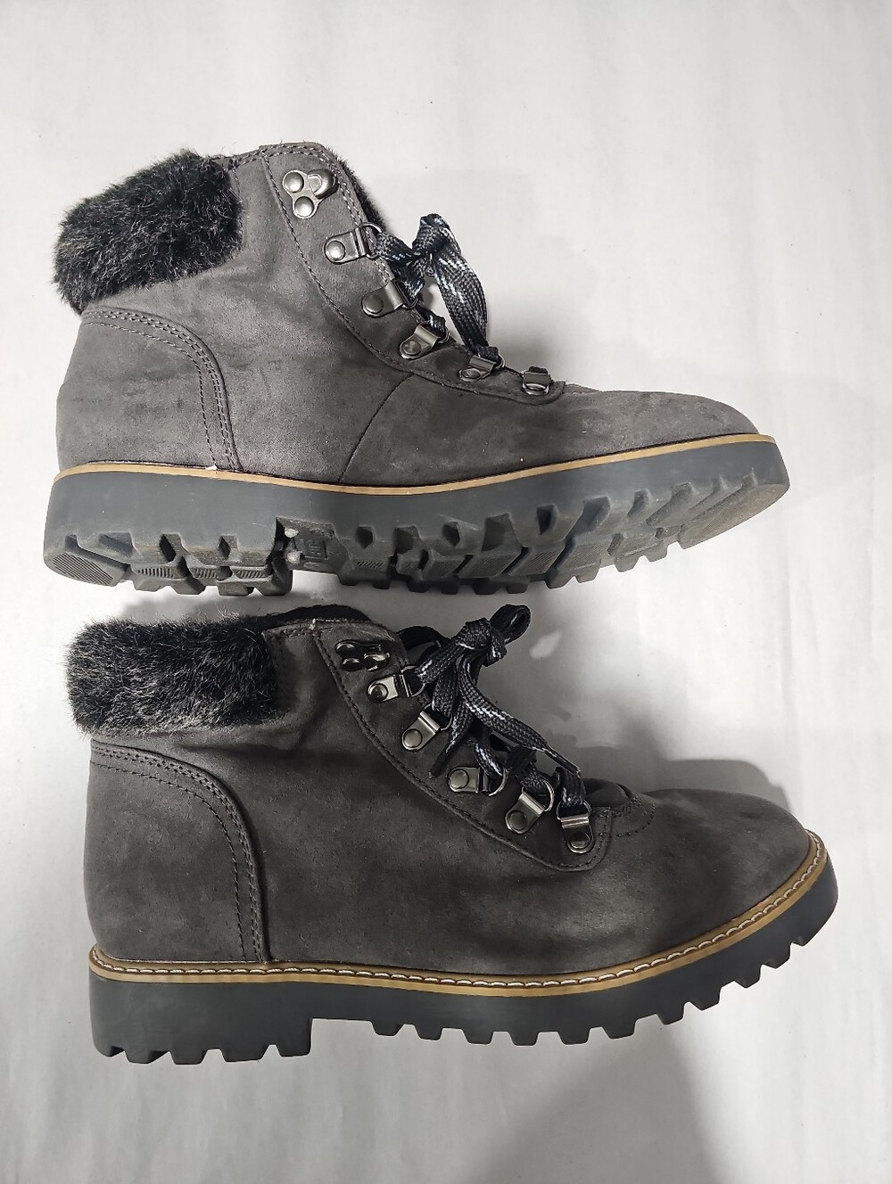 A.N.A Nelson Women Size 9.5 Lace Up Boots Faux Fur Faux Suede Dark Gray